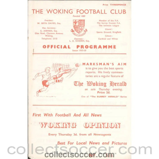 1957 - Woking v Wimbledon 31/08/1957 Football Programme - Collect Soccer