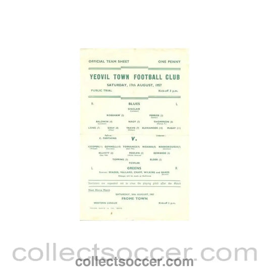 1957 - Yeovil Town practice match official programme 17/08/1957 - Collect Soccer