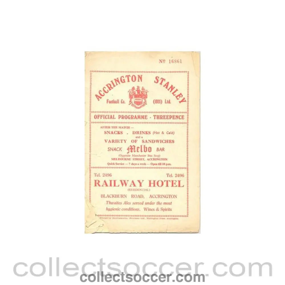 1958 - Accrington Stanley v Bury official programme 05/03/1958 - Collect Soccer