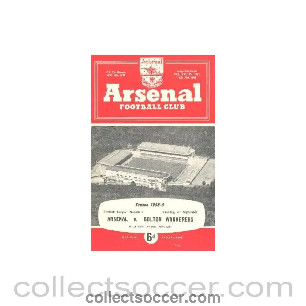 1958 - Arsenal v Bolton Wanderers official programme 09/09/1958 - Collect Soccer