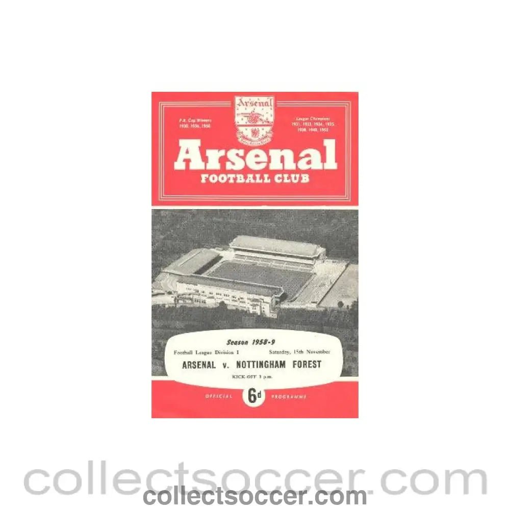 1958 - Arsenal v Nottingham Forest official programme 15/11/1958 - Collect Soccer