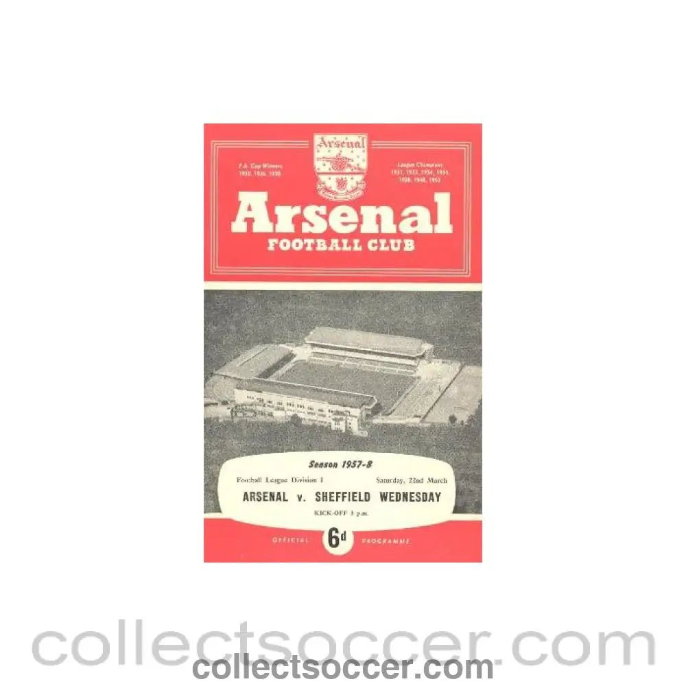 1958 - Arsenal v Sheffield Wednesday official programme 22/03/1958 - Collect Soccer