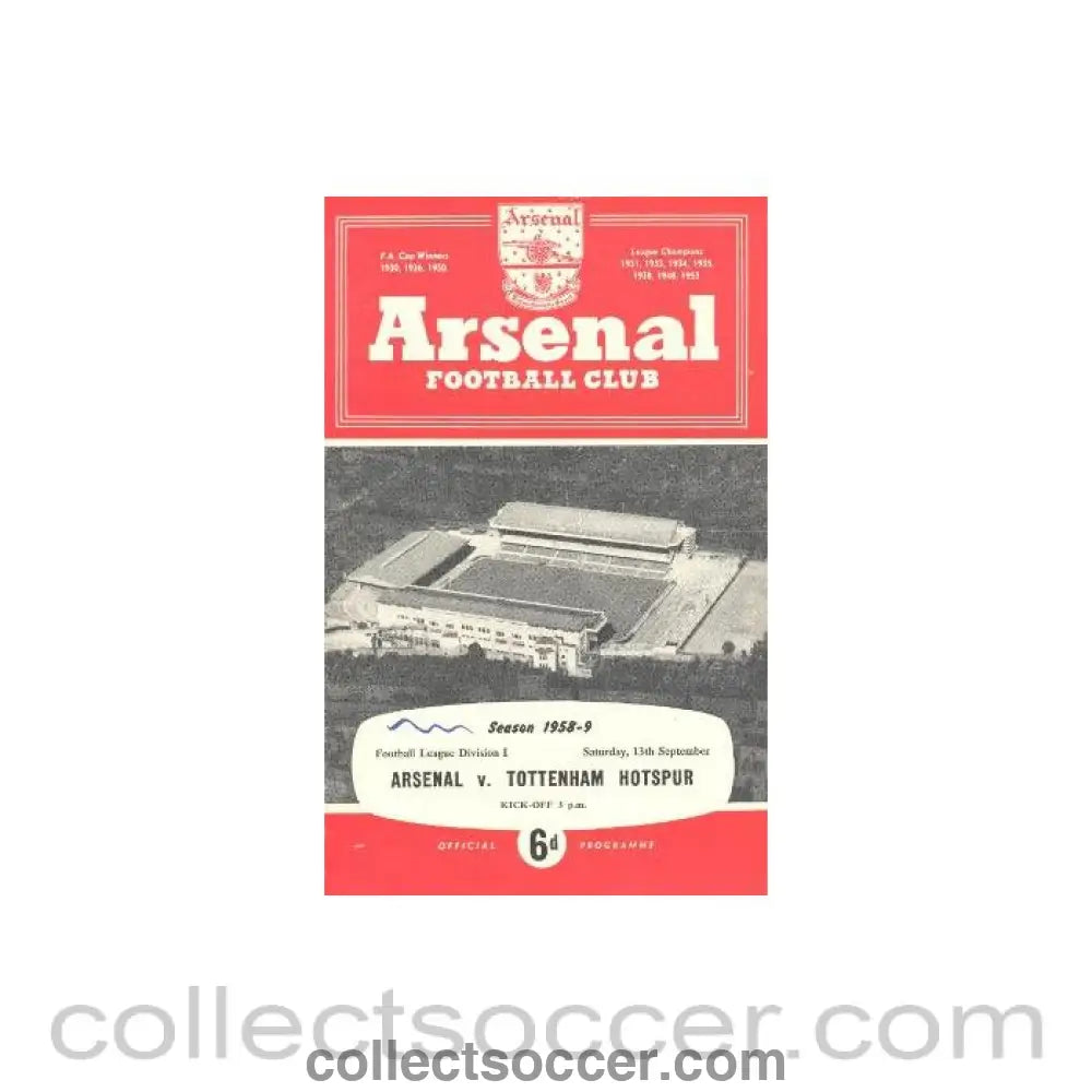 1958 - Arsenal v Tottenham Hotspur official programme 13/09/1958