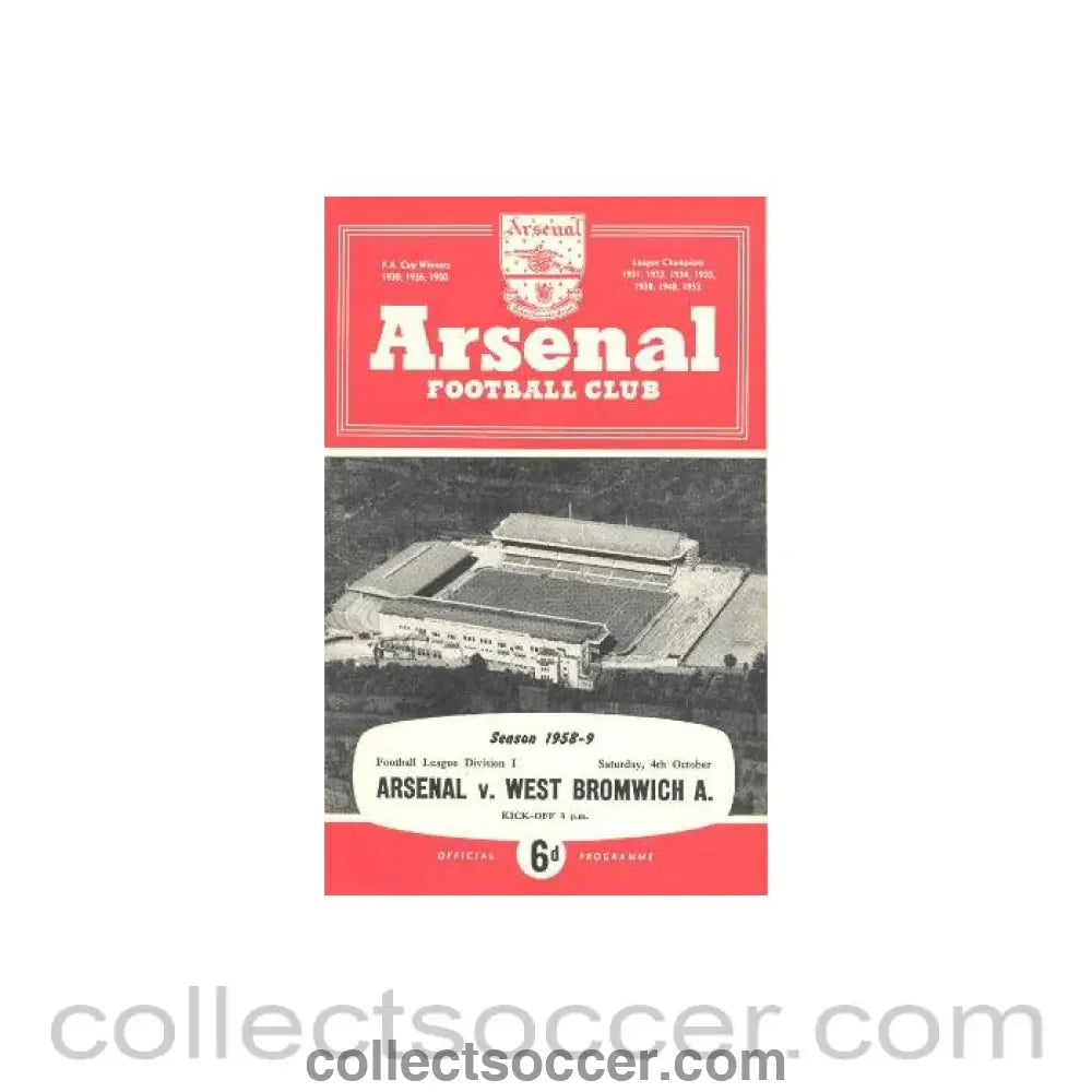 1958 - Arsenal v West Bromwich Albion official programme 04/10/1958