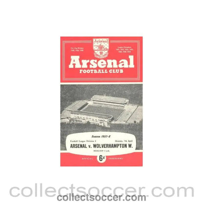 1958 - Arsenal v Wolverhampton Wanderers official programme 07/04/1958 - Collect Soccer