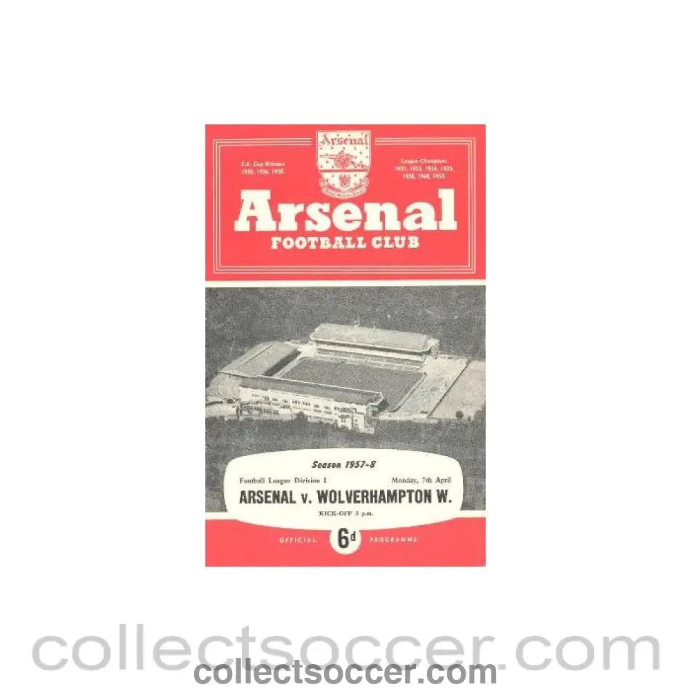 1958 - Arsenal v Wolverhampton Wanderers official programme 07/04/1958 - Collect Soccer