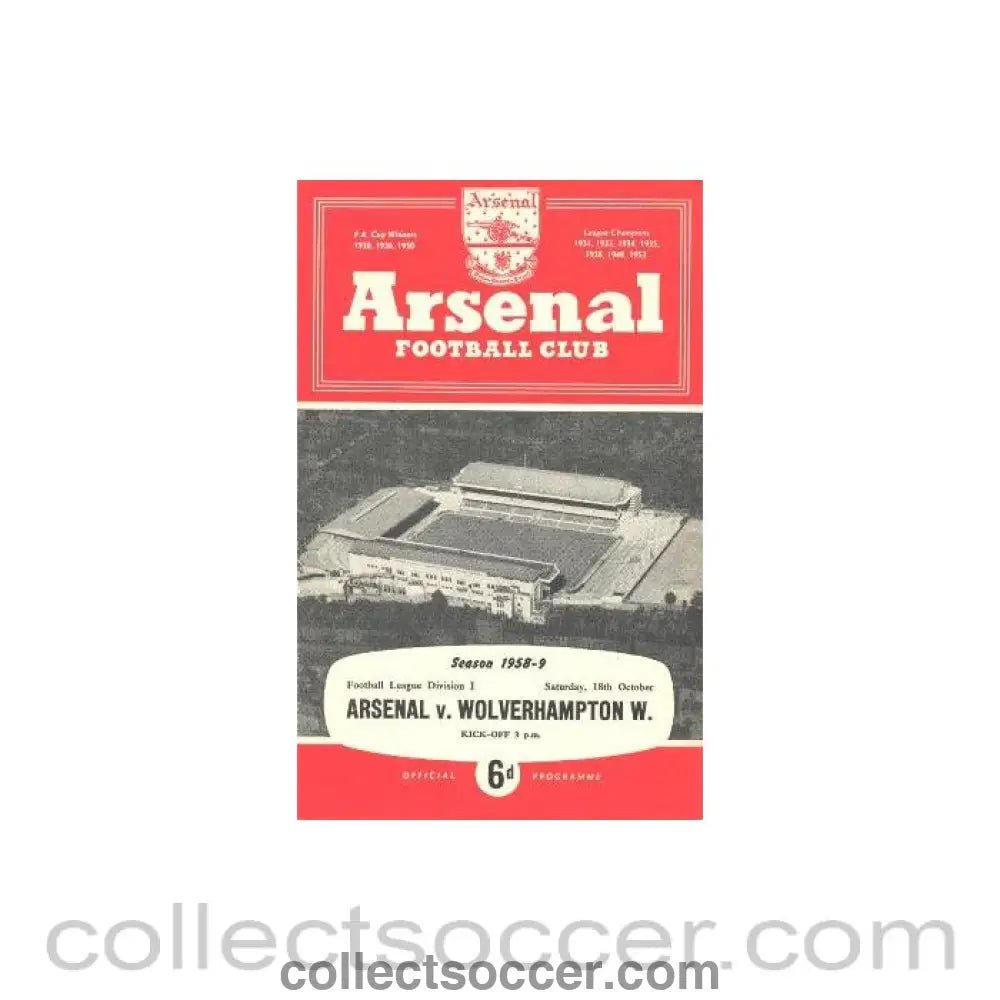 1958 - Arsenal v Wolverhampton Wanderers official programme 18/10/1958 - Collect Soccer