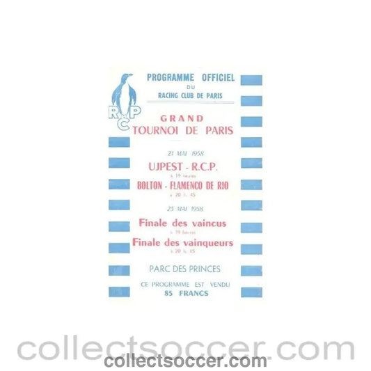 1958 - Bolton Wanderers v Flamenco de Rio, Brazil official programme 21/05/1958 match played in Paris, programme of the Grand Tour of Paris Very Rare! - Collect Soccer