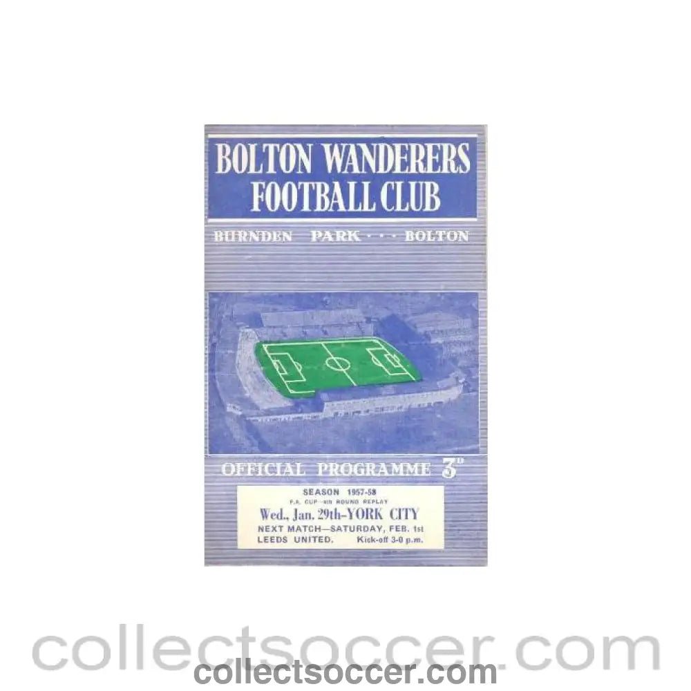 1958 - Bolton Wanderers v York City official programme 29/01/1958 F.A. Cup - Collect Soccer