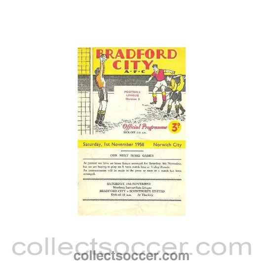1958 - Bradford v Norwich City official programme 01/11/1958 - Collect Soccer