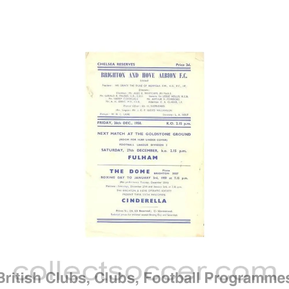 1958 - Brighton & Hove Albion vChelsea Reserves official programme 26/12/1958