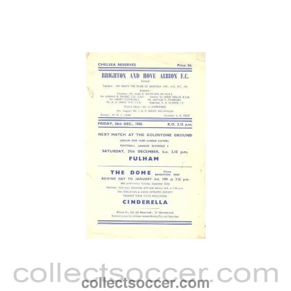 1958 - Brighton & Hove Albion vChelsea Reserves official programme 26/12/1958 - Collect Soccer