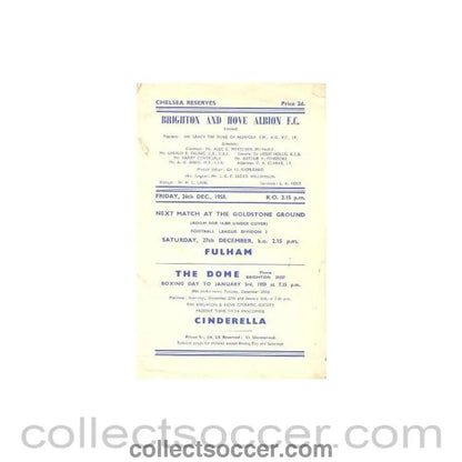 1958 - Brighton & Hove Albion vChelsea Reserves official programme 26/12/1958 - Collect Soccer