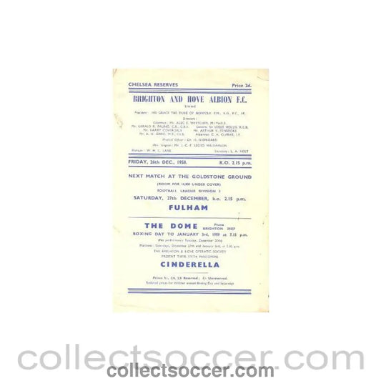 1958 - Brighton & Hove Albion vChelsea Reserves official programme 26/12/1958 - Collect Soccer