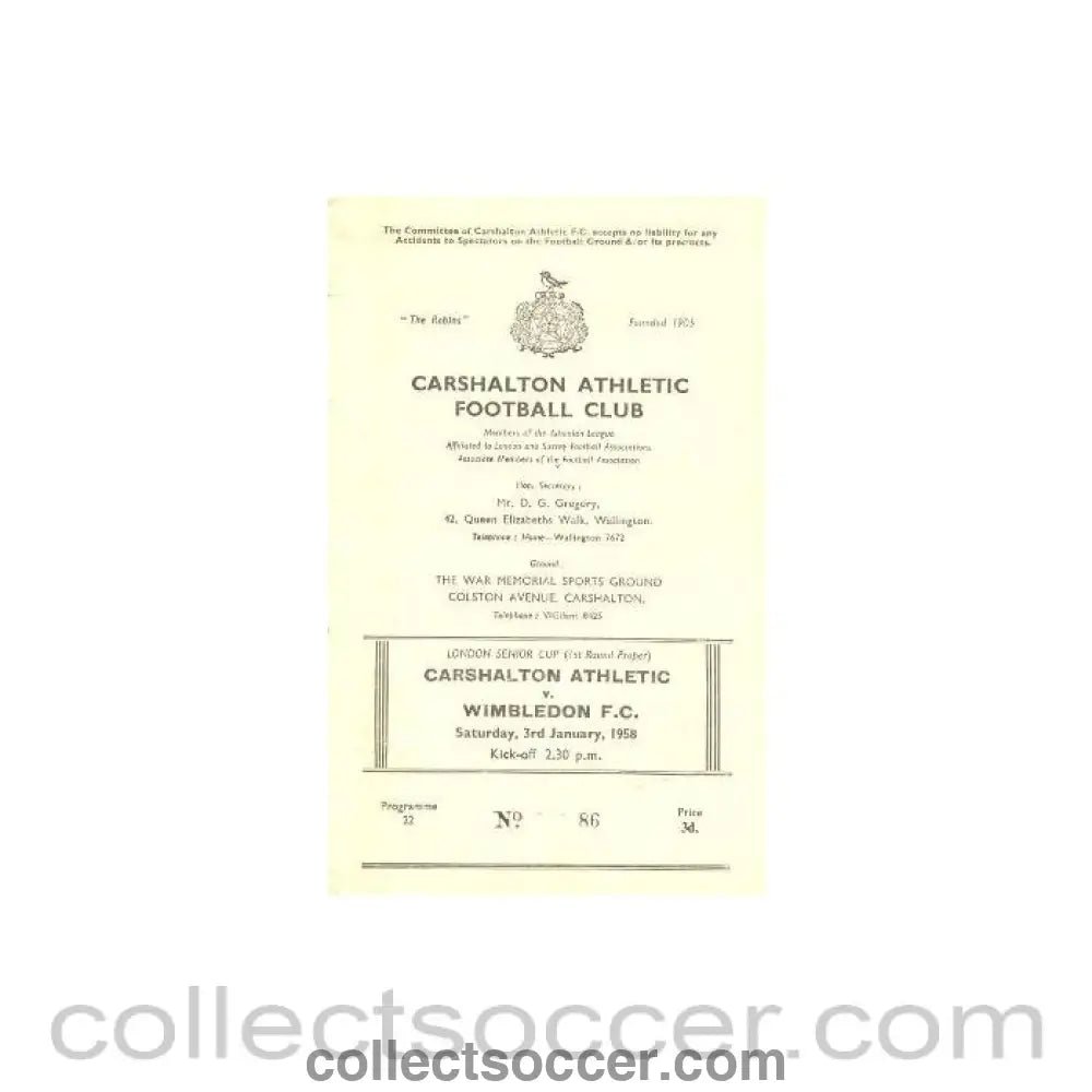 1958 - Carshalton Athletic v Wimbledon official programme 03/01/1958 - Collect Soccer