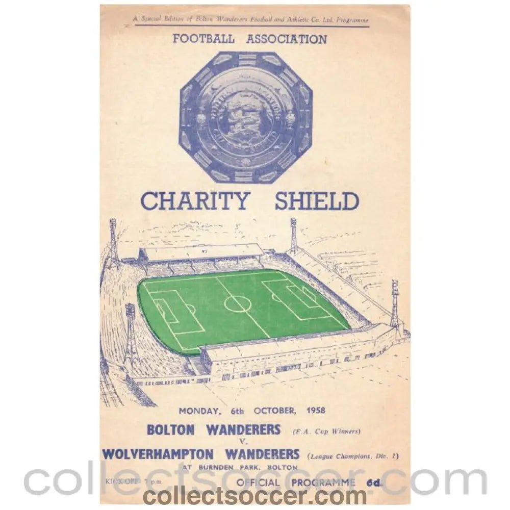 1958 Charity Shield Official Programme Bolton Wanderers v Wolverhampton Wanderers - Collect Soccer