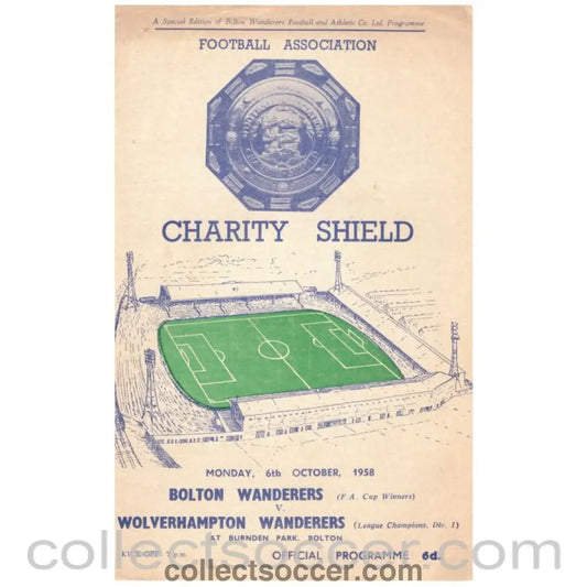 1958 Charity Shield Official Programme Bolton Wanderers v Wolverhampton Wanderers - Collect Soccer