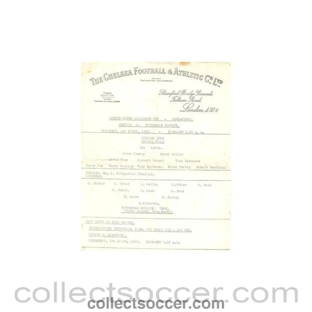 1958 - Chelsea v Tottenham Hotspur official programme 01/03/1958 London Minor Challenge Cup Semi - Final - Collect Soccer