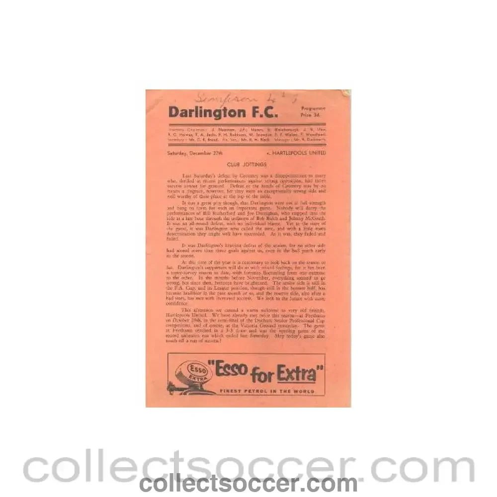 1958 - Darlington v Hartlepools official programe 27/12/1958 - Collect Soccer