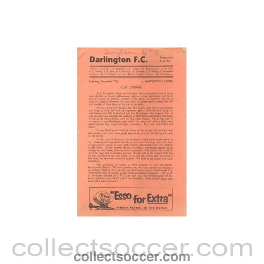 1958 - Darlington v Hartlepools official programe 27/12/1958 - Collect Soccer