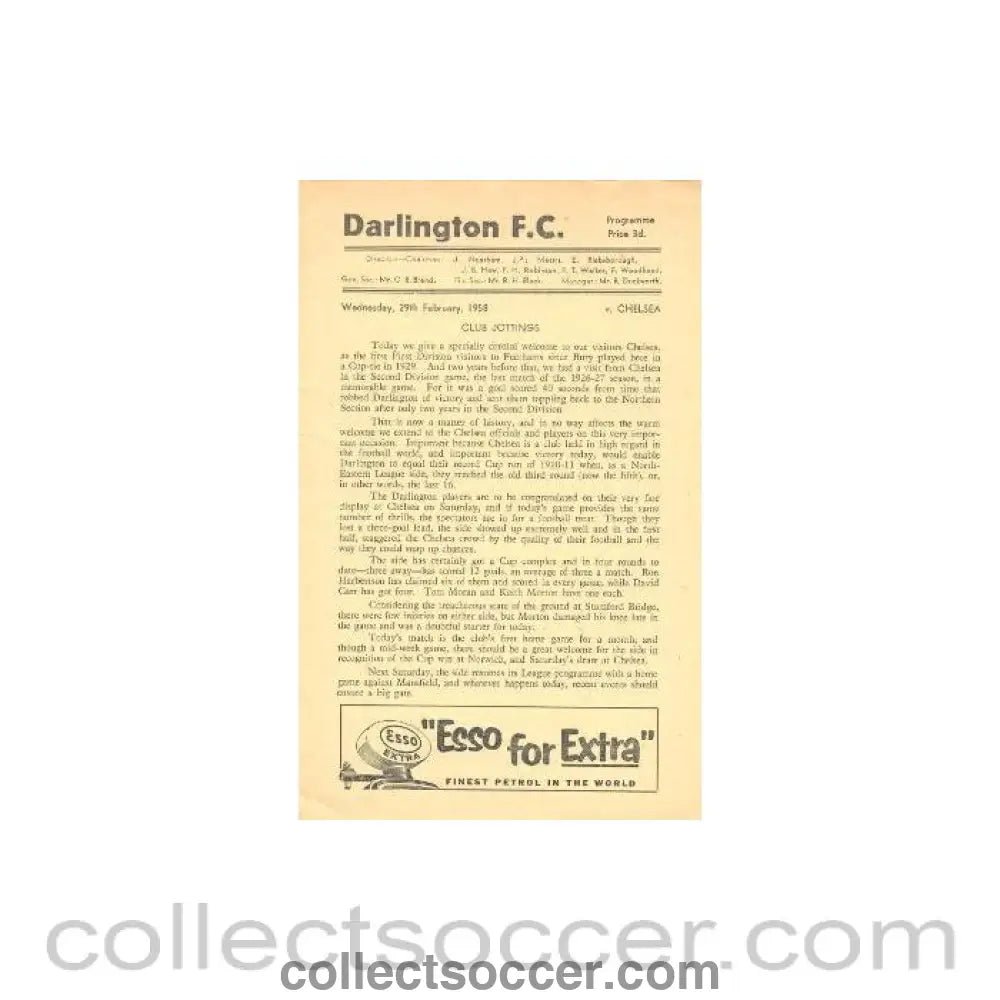 1958 - Darlington vChelsea official programme 29/02/1958 - Collect Soccer