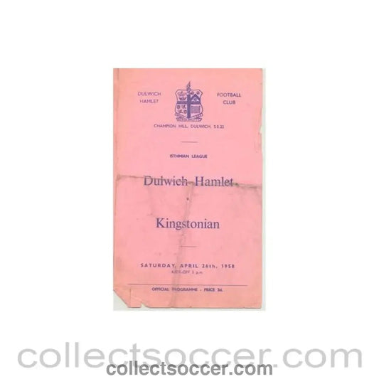 1958 - Dulwich Hamlet v Kingstonian official programme 26/04/1958 Isthmian League - Collect Soccer