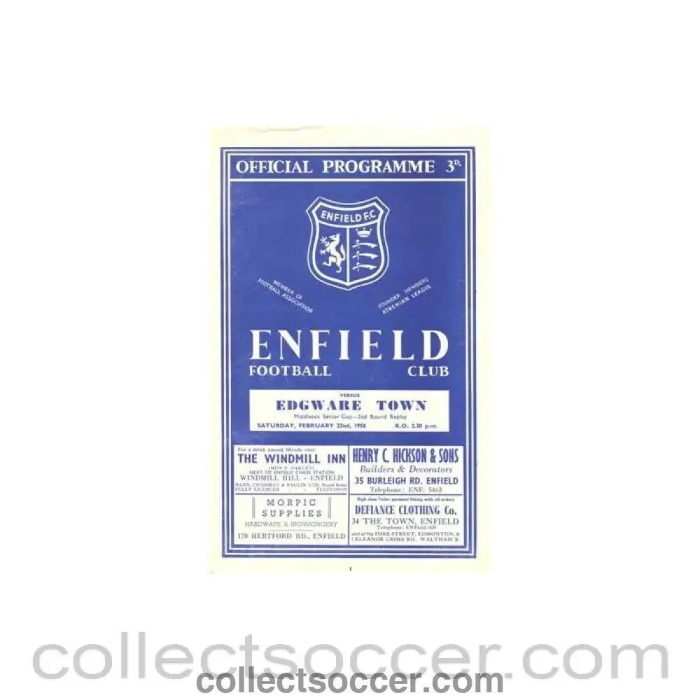 1958 - Enfield v Edgeware Town official programme 22/02/1958 - Collect Soccer