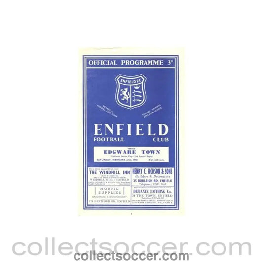 1958 - Enfield v Edgeware Town official programme 22/02/1958 - Collect Soccer