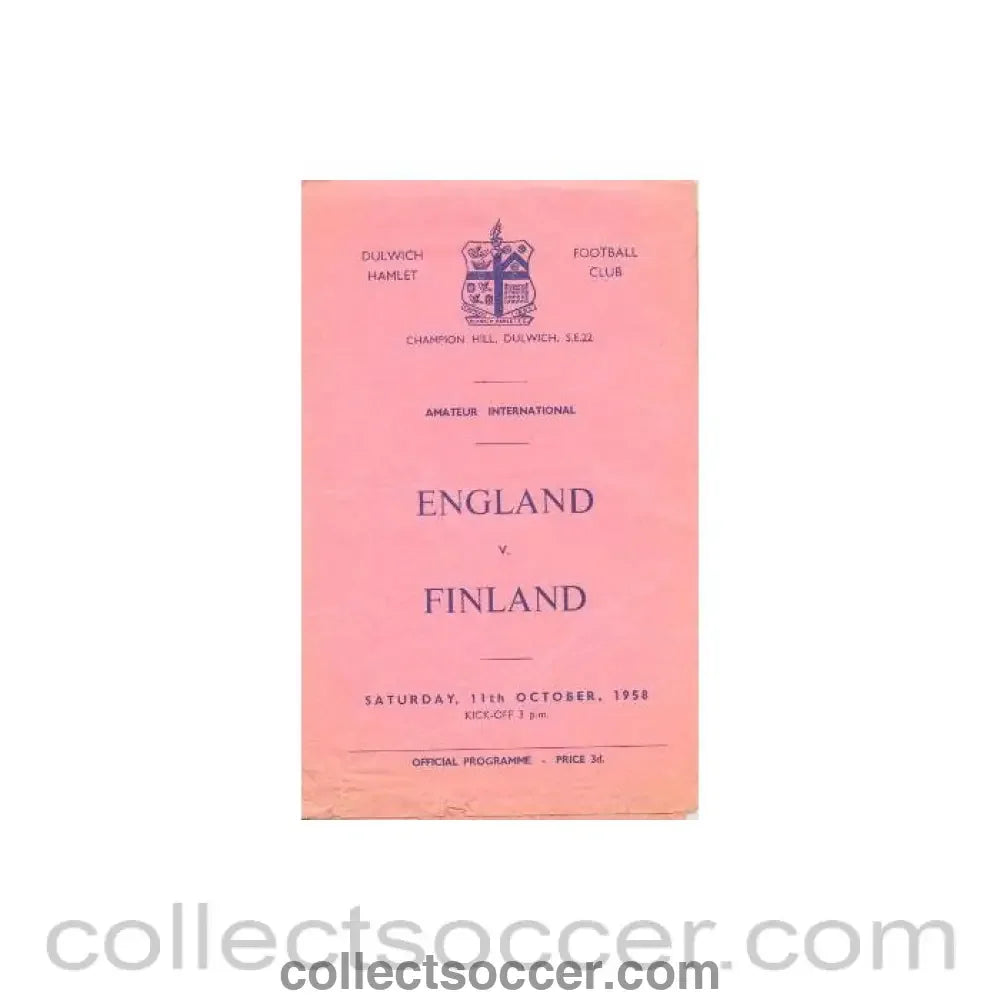 1958 England v Finland official programme 11/10/1958