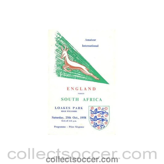 1958 - England v South Africa official programme 25/10/1958 at Wycombe - Collect Soccer