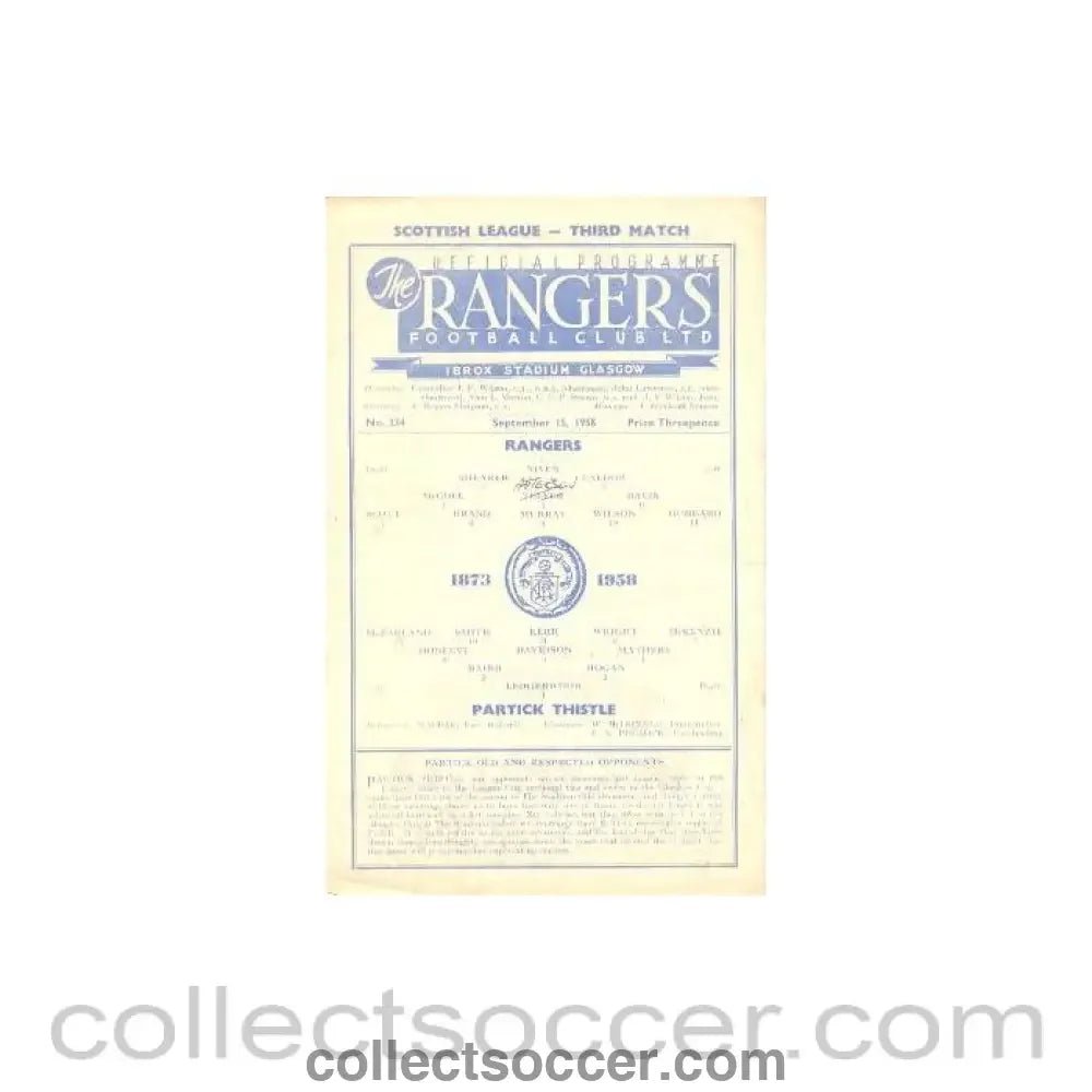 1958 - Glasgow Rangers v Patrick Thistle official programme 15/09/1958 - Collect Soccer