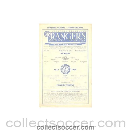 1958 - Glasgow Rangers v Patrick Thistle official programme 15/09/1958 - Collect Soccer