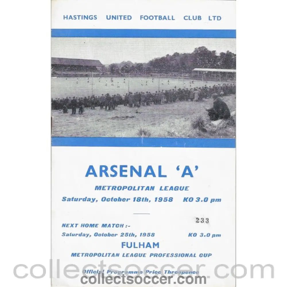 1958 Hastings United v Arsenal Football Programme - Collect Soccer