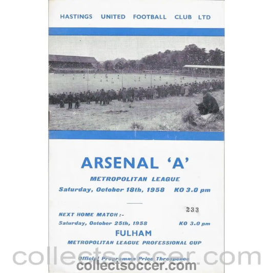 1958 Hastings United v Arsenal Football Programme - Collect Soccer