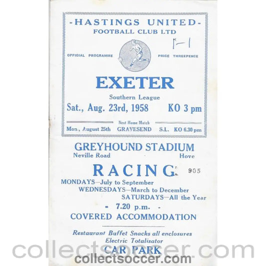 1958 Hastings United v Exeter Football Programme - Collect Soccer