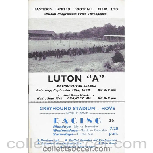 1958 Hastings United v Luton Town Football Programme - Collect Soccer