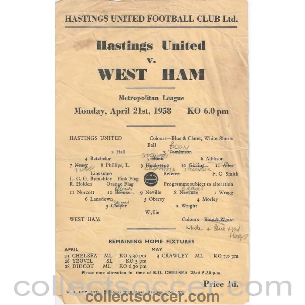 1958 Hastings United v West Ham United Football Programme - Collect Soccer