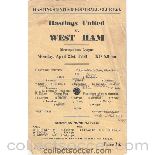 1958 Hastings United v West Ham United Football Programme - Collect Soccer