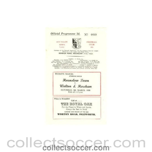 1958 - Hounslow Town v Walton & Hersham official programme 08/03/1958 - Collect Soccer