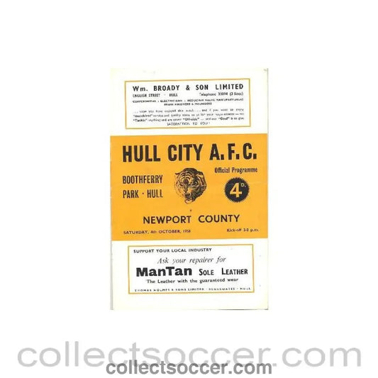 1958 - Hull City v Newport County official programme 04/10/1958 - Collect Soccer