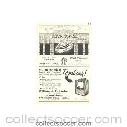 1958 - Luton Town v West Ham United official programme 06/09/1958 - Collect Soccer