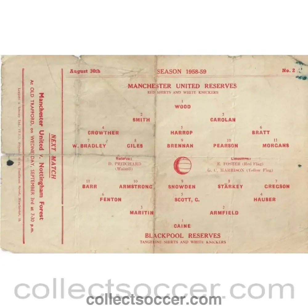 1958 - Manchester United Reserves v Blackpool Reserves 30/8/1958 Official Football Programme - Collect Soccer