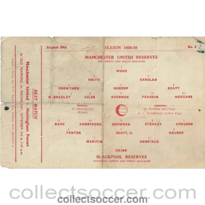 1958 - Manchester United Reserves v Blackpool Reserves 30/8/1958 Official Football Programme - Collect Soccer