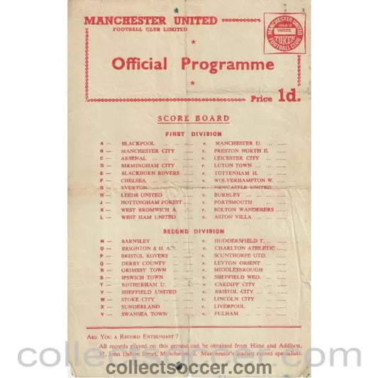 1958 - Manchester United Reserves v Blackpool Reserves 30/8/1958 Official Football Programme - Collect Soccer