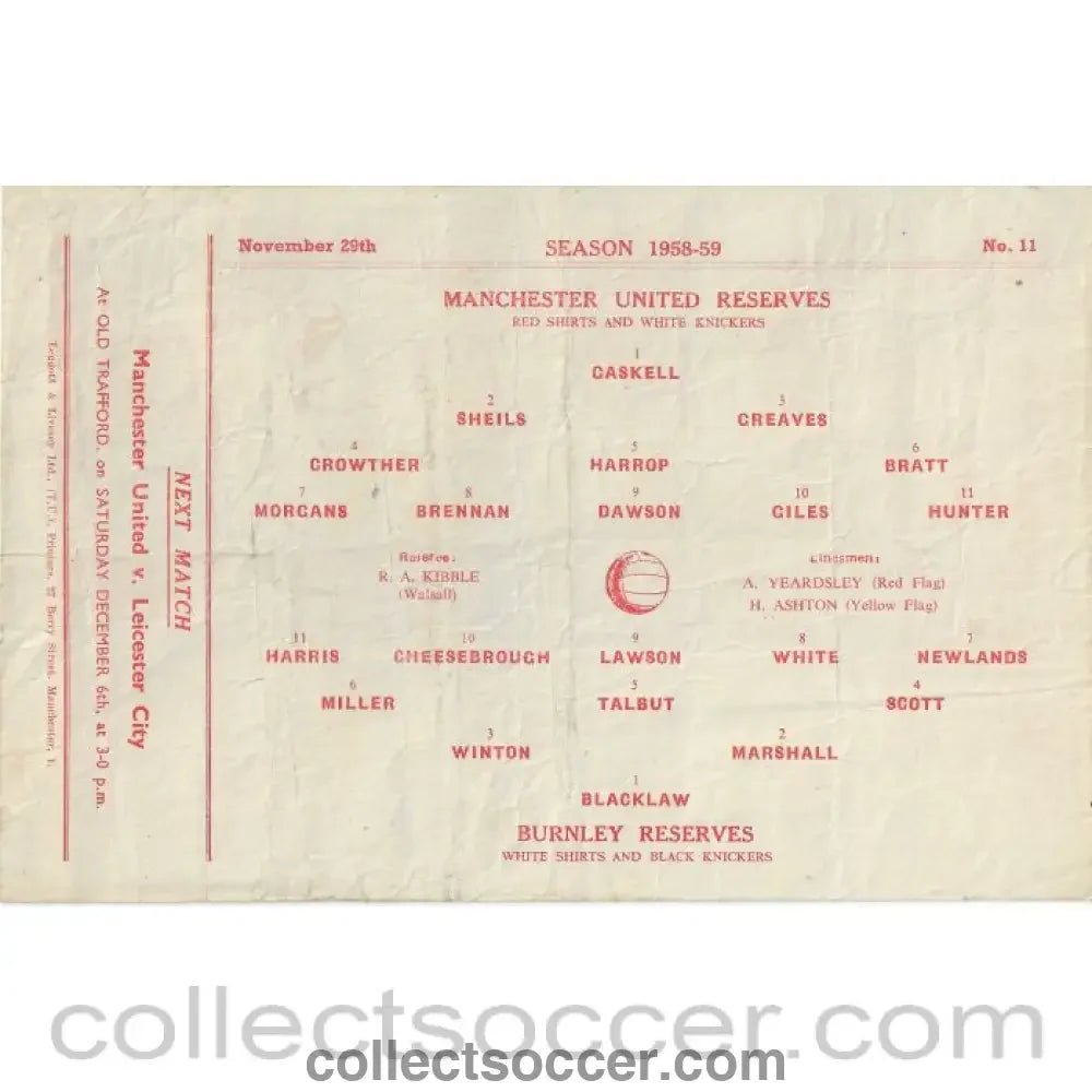 1958 - Manchester United Reserves v Burnley Reserves 29/11/1958 Official Football Programme - Collect Soccer