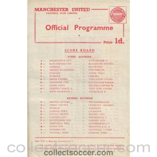 1958 - Manchester United Reserves v Burnley Reserves 29/11/1958 Official Football Programme - Collect Soccer
