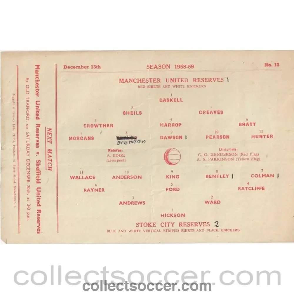 1958 - Manchester United Reserves V Stoke City Reserves 13/12/1958 Official Football Programme - Collect Soccer
