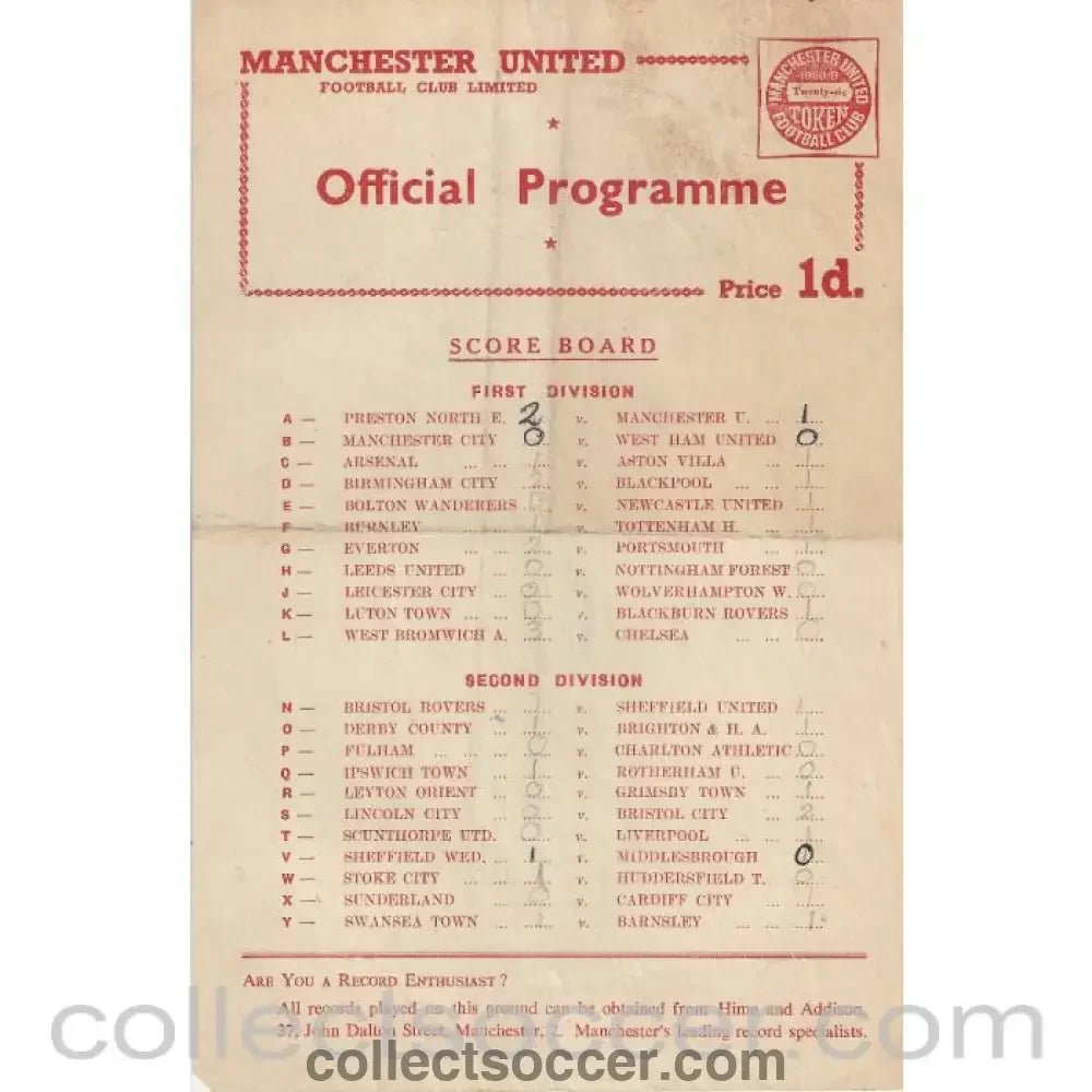 1958 - Manchester United Reserves V Stoke City Reserves 13/12/1958 Official Football Programme - Collect Soccer