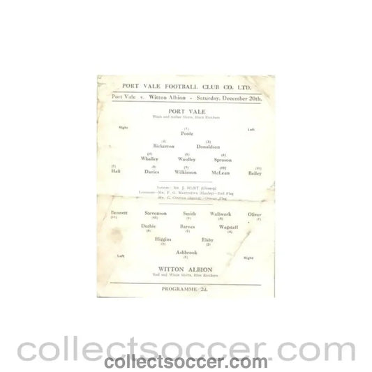 1958 - Port Vale v Witton Albion official programme 20/12/1958 - Collect Soccer