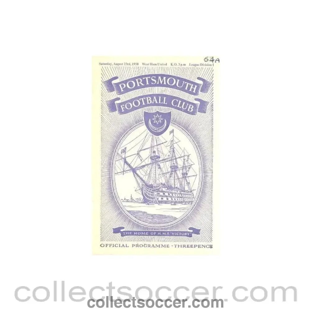1958 - Portsmouth v West Ham United official programme 23/08/1958 - Collect Soccer